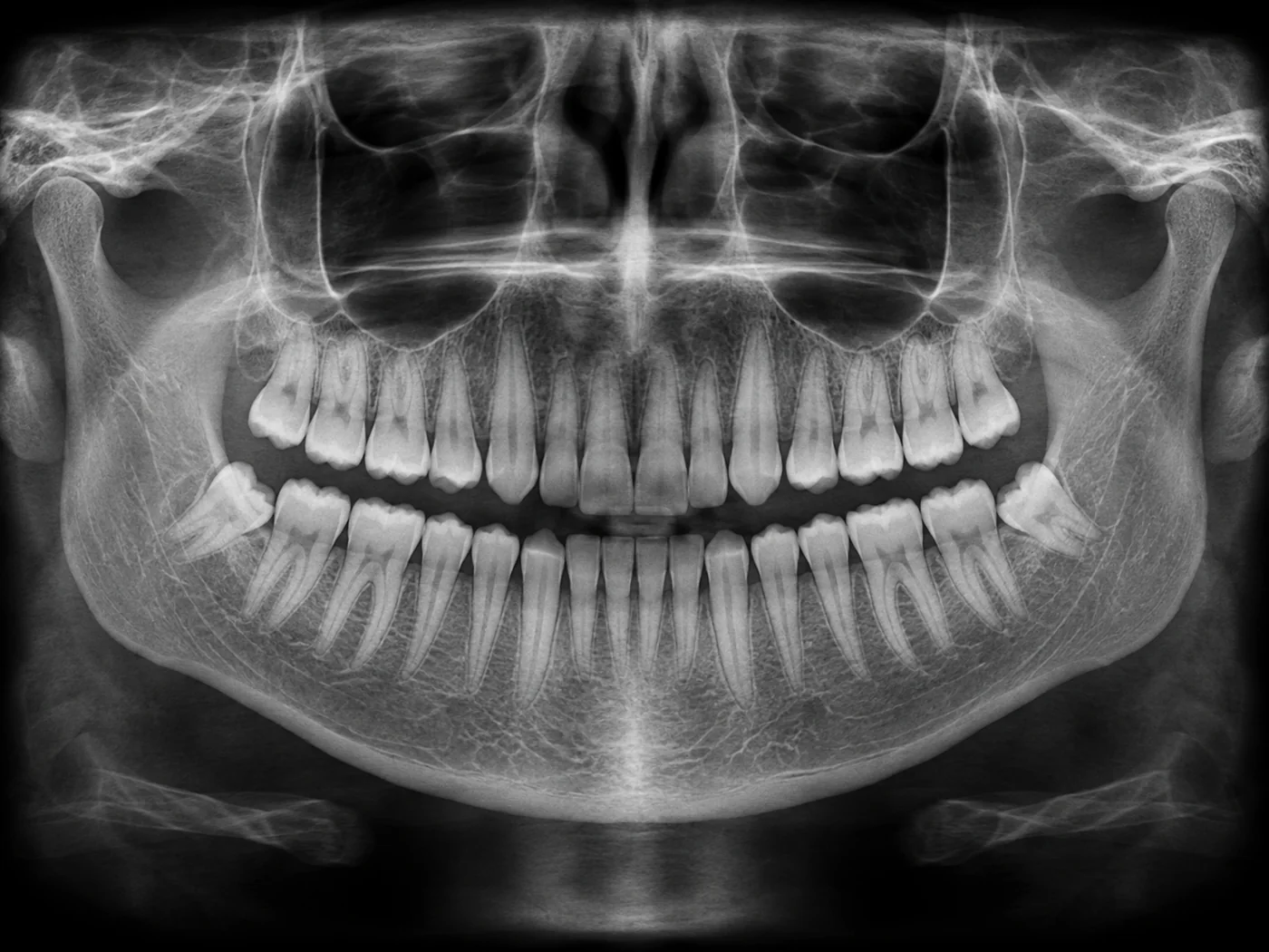 Panoramic OPG dental X-ray showing the upper and lower jaws